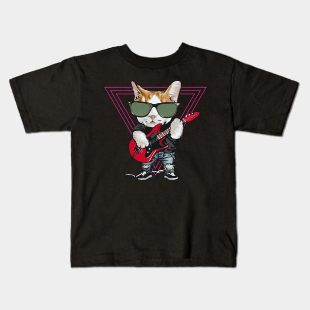 Funny Cat Playing Bass Guitar Electric Guitar Retro Vintage Kids T-Shirt by ArtedPool